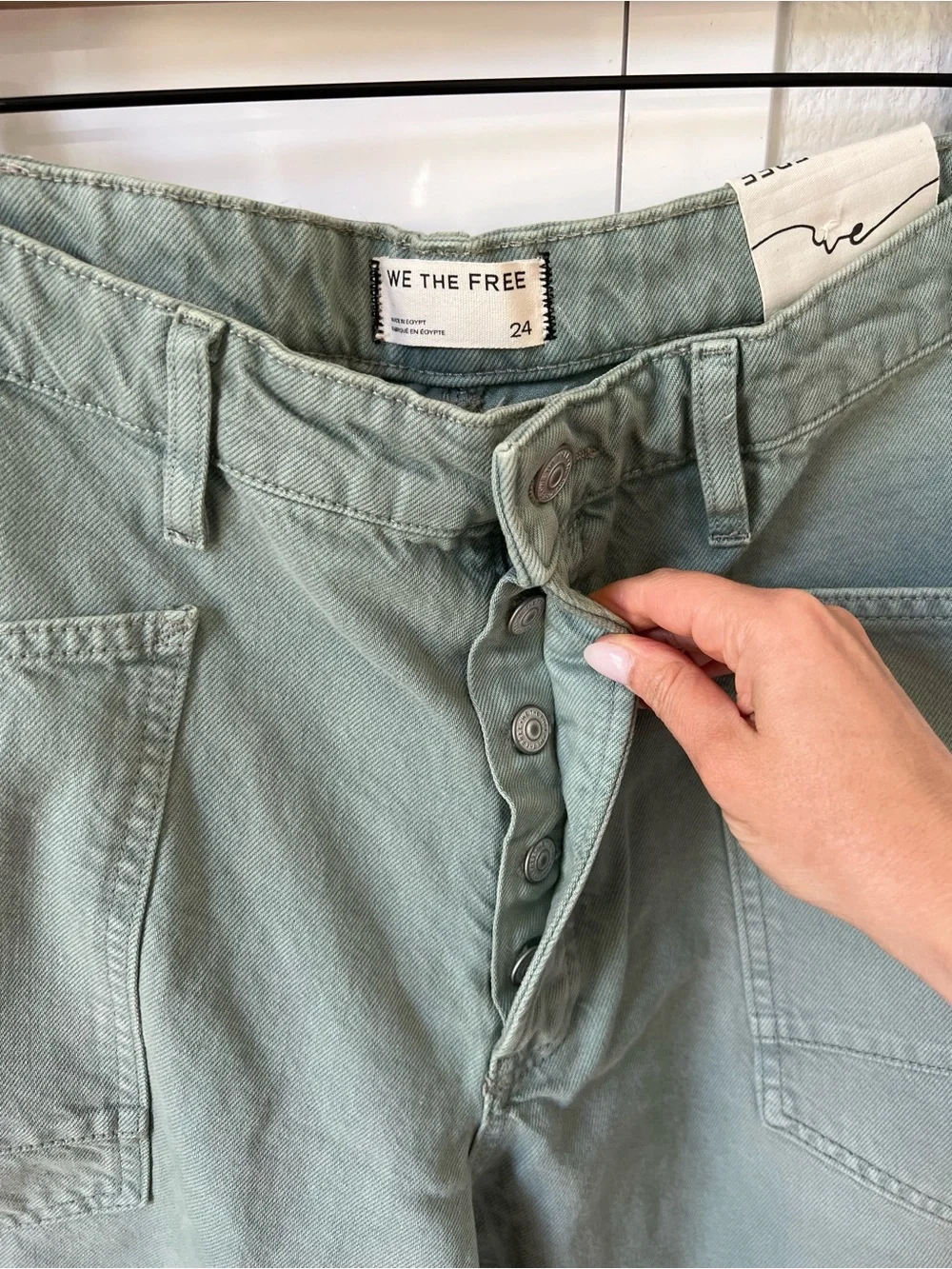 Free People We The Free Minimalist Moxie Barrel Jeans in Aloe Green NWT